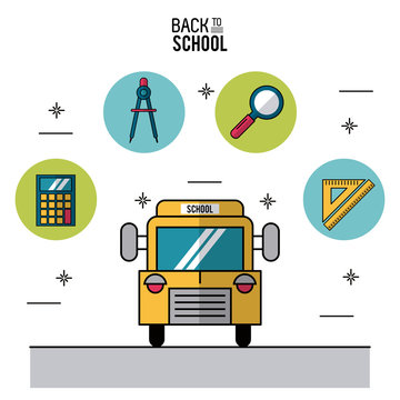 color poster of back to school with school bus in closeup and icons in round frames of elements of school on top