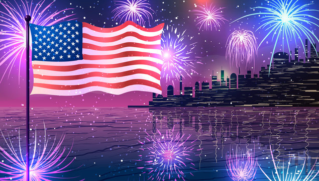American flag on background of city with skyscrapers on ocean shore and fireworks in the evening. National holiday. 