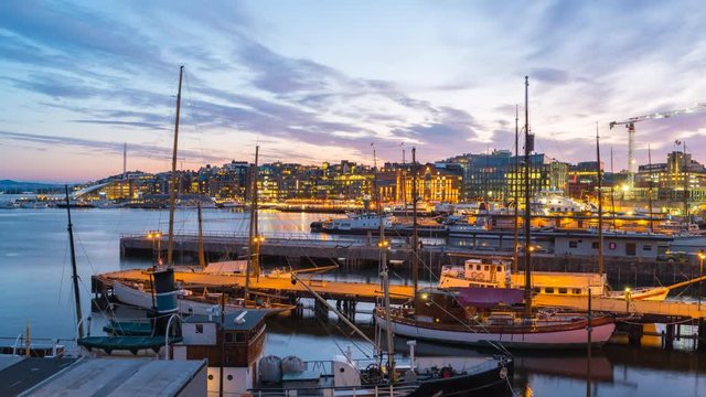 Day to Night Time lapse of Oslo city skyline in Norway, Timelapse 4k