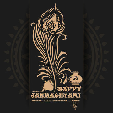 Krishna Janmashtami logo design on black background. Greeting card for celebration of the birth of the Hindu deity Krishna. Vector illustration