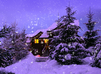 A fairy-tale house in the woods amid the snow-covered fir trees, Christmas landscape. Winter nature.