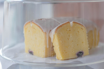 Close up lemon loaf sliced in glass jar on table at cake bar, selective focus