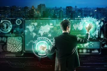 businessperson and futuristic interface. Internet of Things. Smart City.