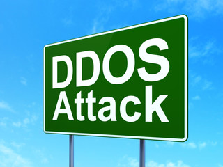 Protection concept: DDOS Attack on road sign background