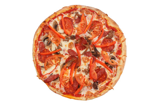 Italian pizza with tomatoes on white background.