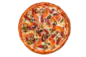 Pepperoni pizza. Italian pizza on white background.