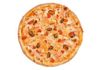 Delicious fresh pizza with seafood top view.
