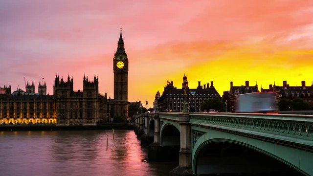 London, UK. Sunset over the city of London, UK. Colorful sky behind Westminster and Big Ben. Westminster bridge at night. Time-lapse at sunset