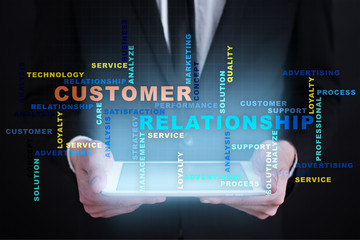 Customer relationship management concept on the virtual screen. Words cloud.