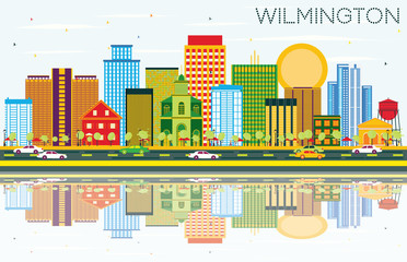Wilmington Skyline with Color Buildings, Blue Sky and Reflections.