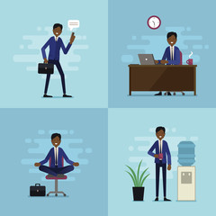 Vector illustration of an office worker. Businessman walking to work, working, doing relaxing yoga and drinking water. Corporate flat design on pale blue background.