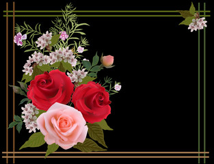 rose flowers bunch in frame isolated on black