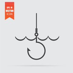 Fishing icon in flat style isolated on grey background.