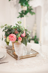 Retro stylized photo of wedding table setting in rustic style