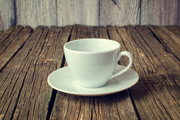 An empty coffee cup on a wooden table