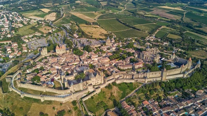 Poster Aerial top view of Carcassonne medieval city and fortress castle from above, Sourthern France   © Iuliia Sokolovska