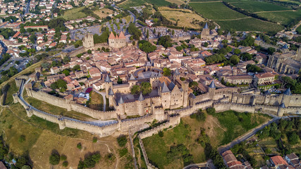 Aerial top view of Carcassonne medieval city and fortress castle from above, Sourthern France
