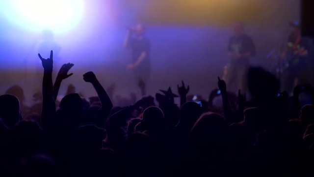 Fans at rock concert. UHD, 4K. Slow motion
