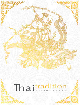 greeting card ramayana Character battle,thai tradition style.vector