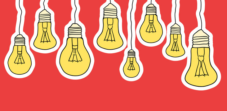 Linear illustration of cartoon hanging light bulbs on red background. Border. Vector element for your creativity