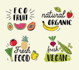  Healthy food hand drawn illustrations and elements for fresh market, eco food, vegan menu, natural products