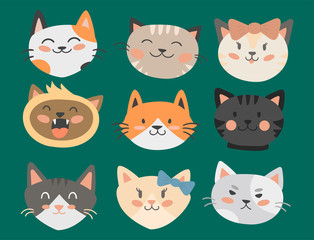Fototapeta premium Cats heads vector illustration cute animal funny decorative characters feline domestic trendy pet drawn