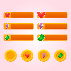 Set of six game resource bar and coins in cartoon style. Kit for game ui development, vector gui elements.