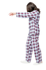 Woman suffers from sleepwalking in a dream, portrait in full length on a white background