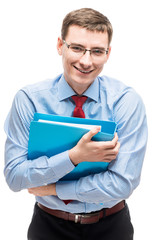 Portrait schatslivogo accountant with blue folder for papers on a white background