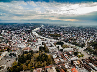 aerial view of the central part of Kutaisi with Rioni river, Georgia