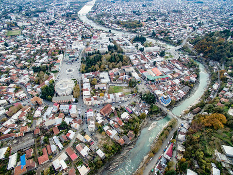 aerial view of the central part of Kutaisi with Rioni river, Georgia