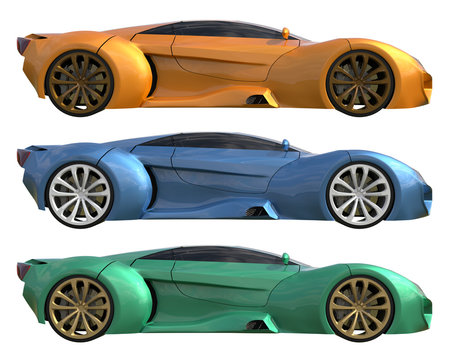 Fototapeta A set of three conceptual racing cars of one model of yellow, blue and green colors. Side view. 3d illustration.