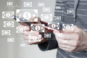 Businessman on phone looks at the credit card information and sends dollar currency web