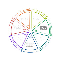 Circle infographic template 7 steps. For presentation and design concept. Simple line style with dots and arrows. Vector illustration.