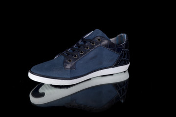 Male Blue Shoe on Background, Isolated Product, Top View, Studio.