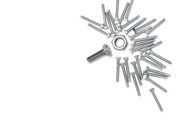 job finder concept, find the right man for the right job concept ,different size bolts and a nut on white background, flat top view