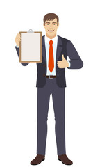 Businessman holding the clipboard and showing thumb up