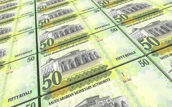 Saudi Arabia rials bills stacks background. 3D illustration.