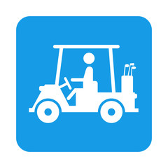 Icono plano carrito de golf en cuadrado azul