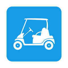 Icono plano carrito de golf lateral en cuadrado azul