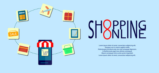 Modern Concept of Purchasing Product Via Internet, Mobile Shopping Communication and Delivery Service. Flat design.