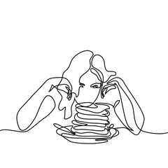 Abstract portrait of Beautiful young woman looking at pancakes on table. Continuous line drawing. Vector illustration on white background