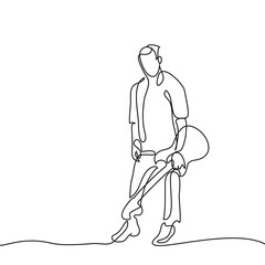 Continuous line drawing of standing guitarist with guitar in hand. Vector illustration on white background
