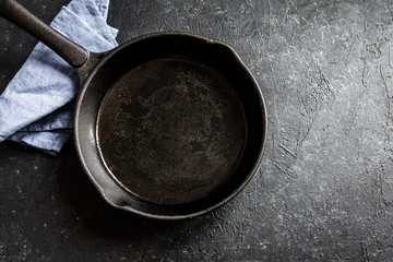 Cast iron pan on black background