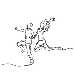 Fototapeta na wymiar Happy jumping couple. Continuous line drawing. Vector illustration on white background