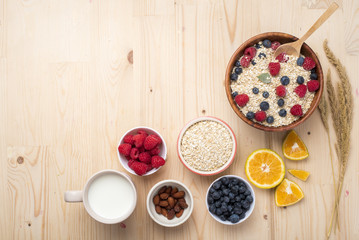 Healthy breakfast ingredients on wood table, Healthy food concept