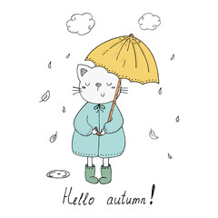 Hello autumn card. little cat in the rain with an umbrella vector print in cartoon style.