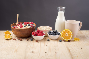 Healthy breakfast ingredients on wood table, Healthy food concept