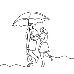 Couple walking under umbrella. Continuous line drawing. Vector illustration on white background