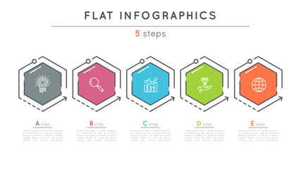 Flat style 5 steps timeline infographic template.
